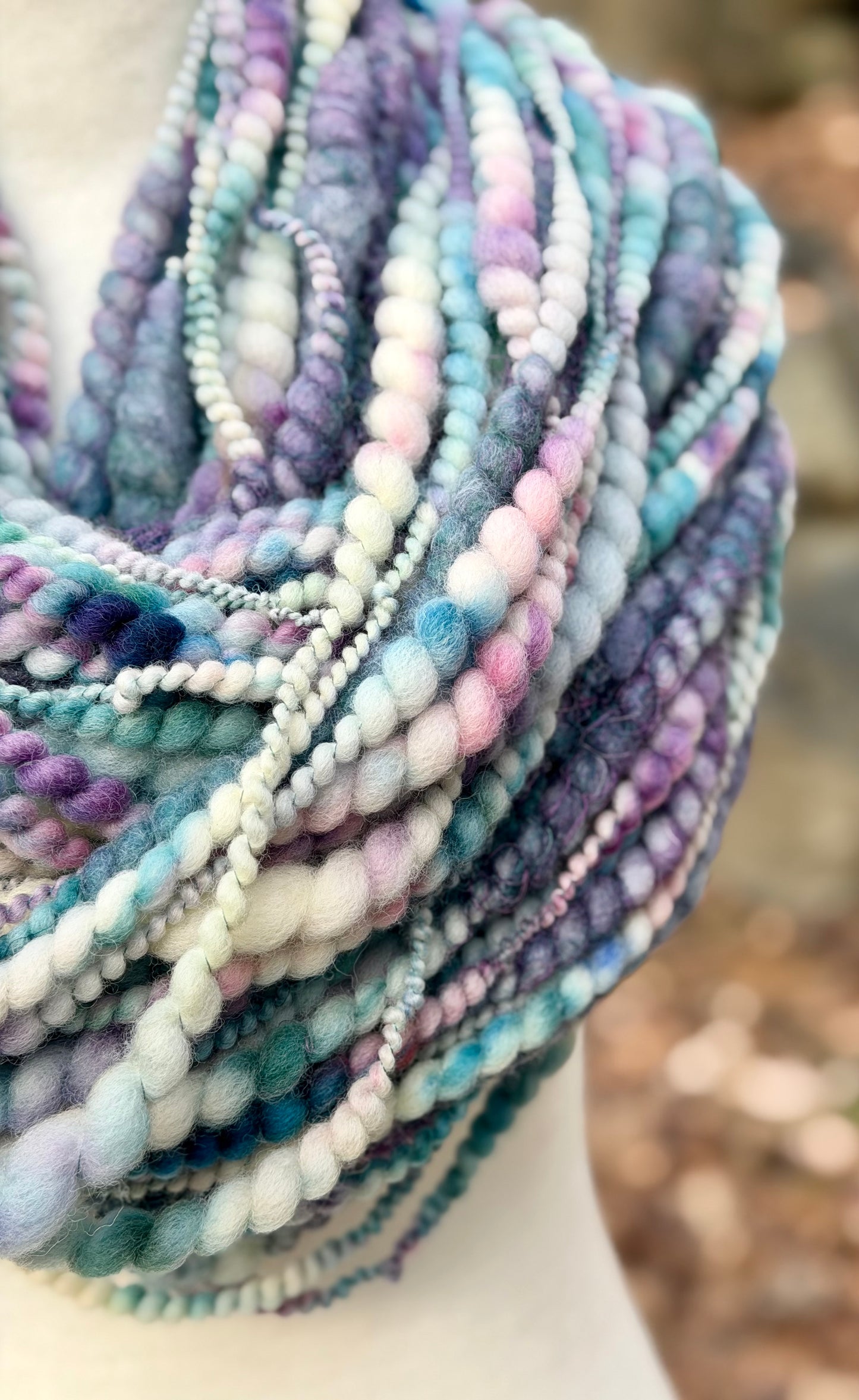 Spring Mist Coiled Art Yarn – Hand Dyed, Handspun Textured Fiber Art - 4 Yard Increments