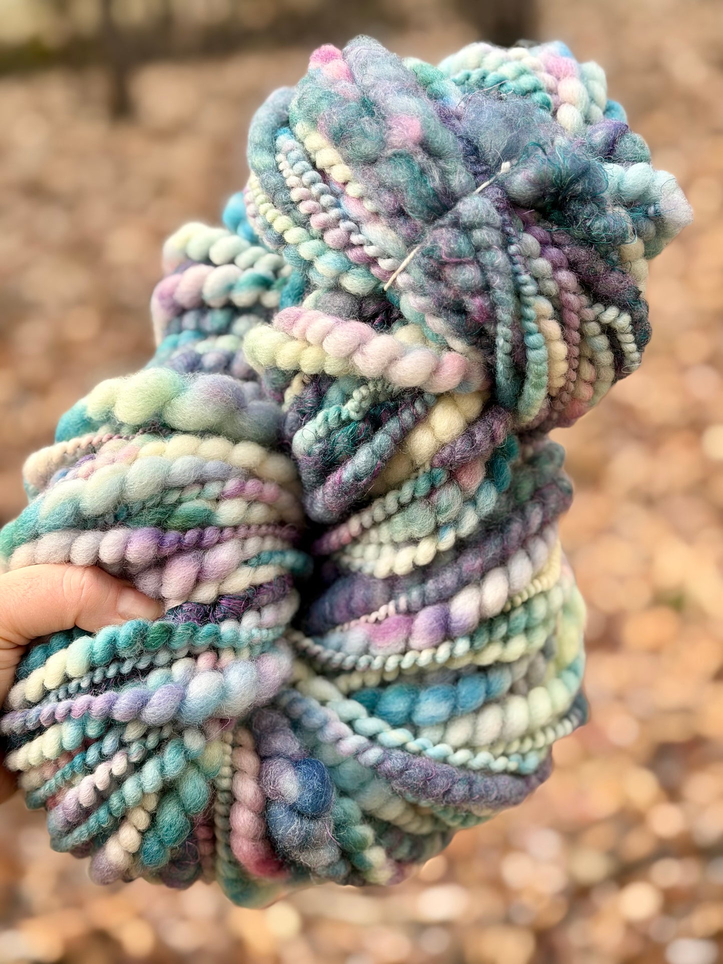 Spring Mist Coiled Art Yarn – Hand Dyed, Handspun Textured Fiber Art - 4 Yard Increments