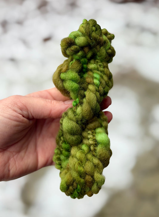 Forest Green Coiled Art Yarn – Hand Dyed, Handspun Textured Fiber Art Yarn - 7 Yards