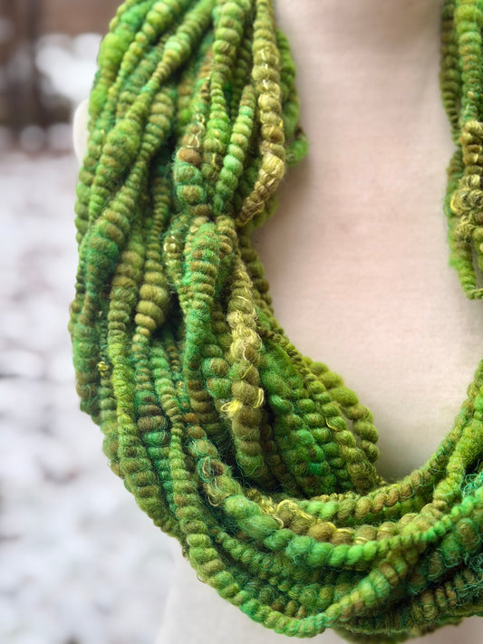 Forest Green Coiled Art Yarn – Hand Dyed, Handspun Textured Fiber Art Yarn with Hand Dyed Textured Silks- 4 Yard Increments