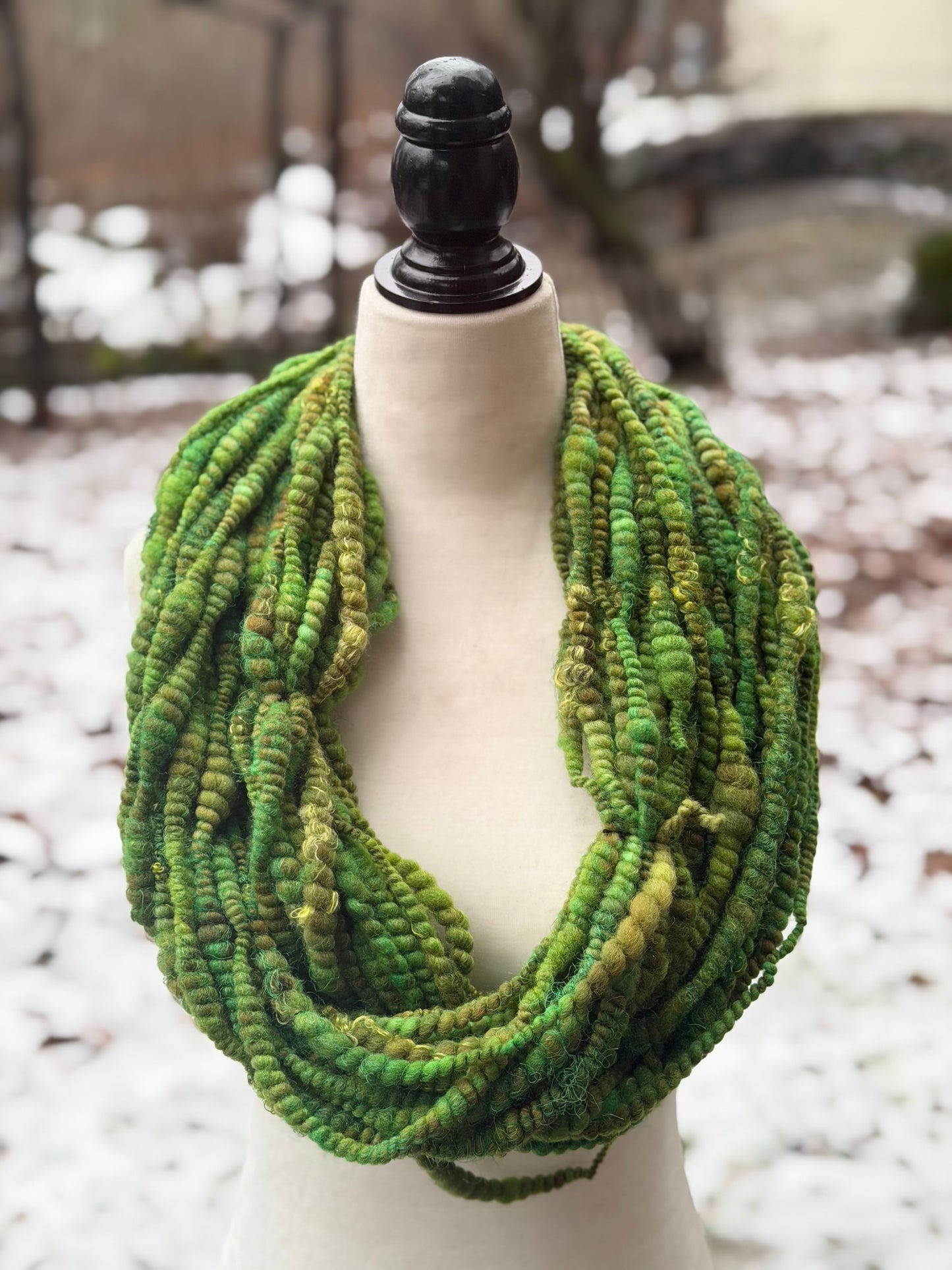 Forest Green Coiled Art Yarn – Hand Dyed, Handspun Textured Fiber Art Yarn with Hand Dyed Textured Silks- 4 Yard Increments