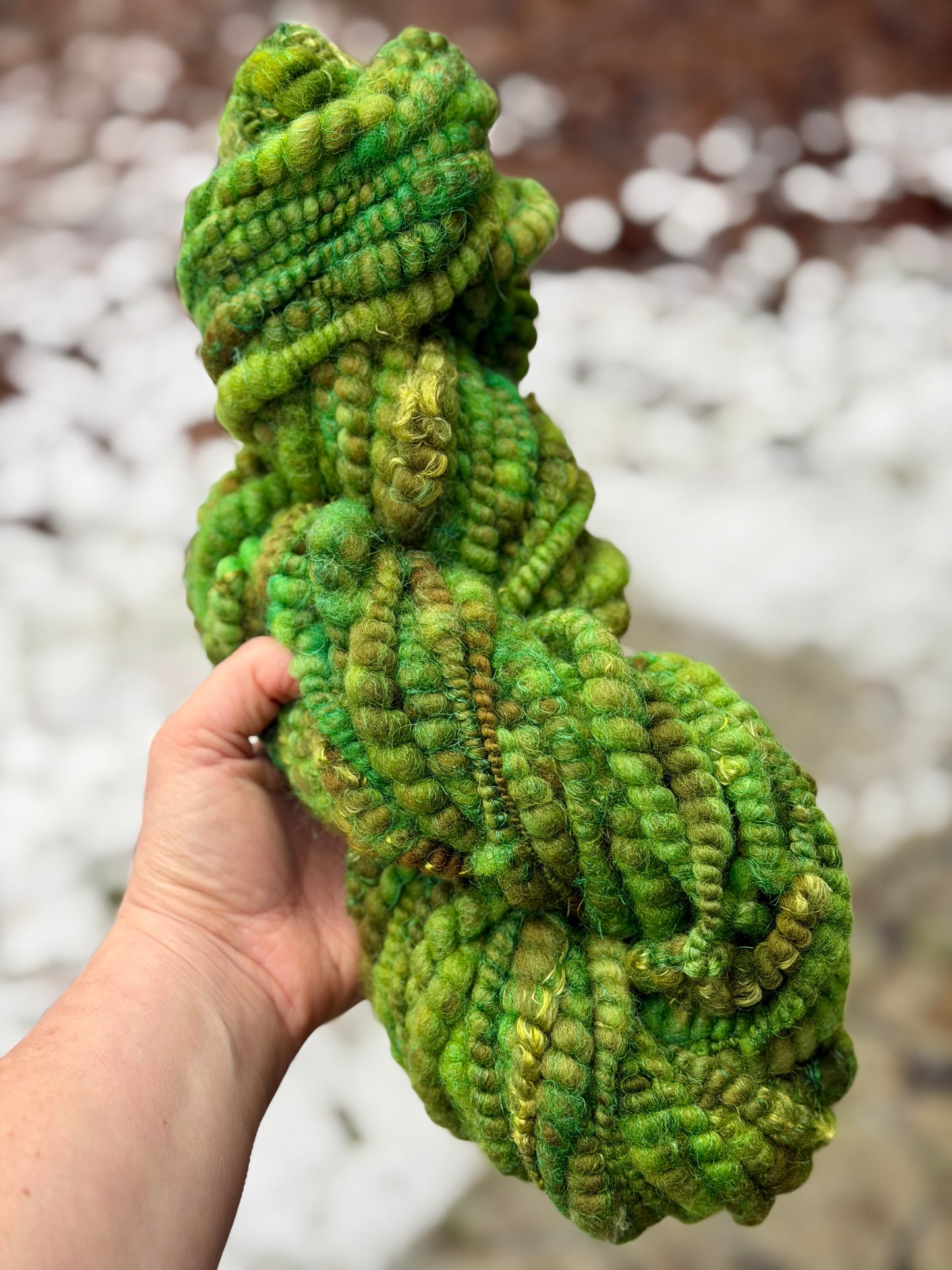 Forest Green Coiled Art Yarn – Hand Dyed, Handspun Textured Fiber Art Yarn with Hand Dyed Textured Silks- 4 Yard Increments