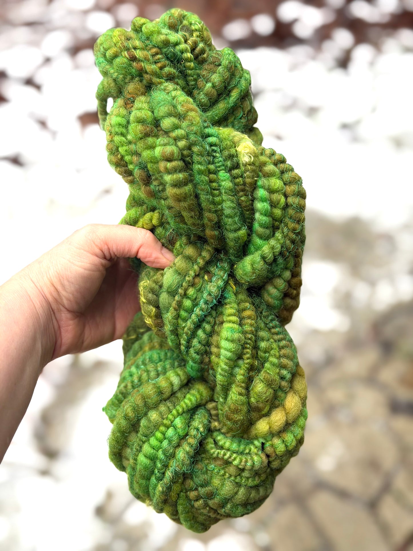 Forest Green Coiled Art Yarn – Hand Dyed, Handspun Textured Fiber Art Yarn with Hand Dyed Textured Silks- 4 Yard Increments