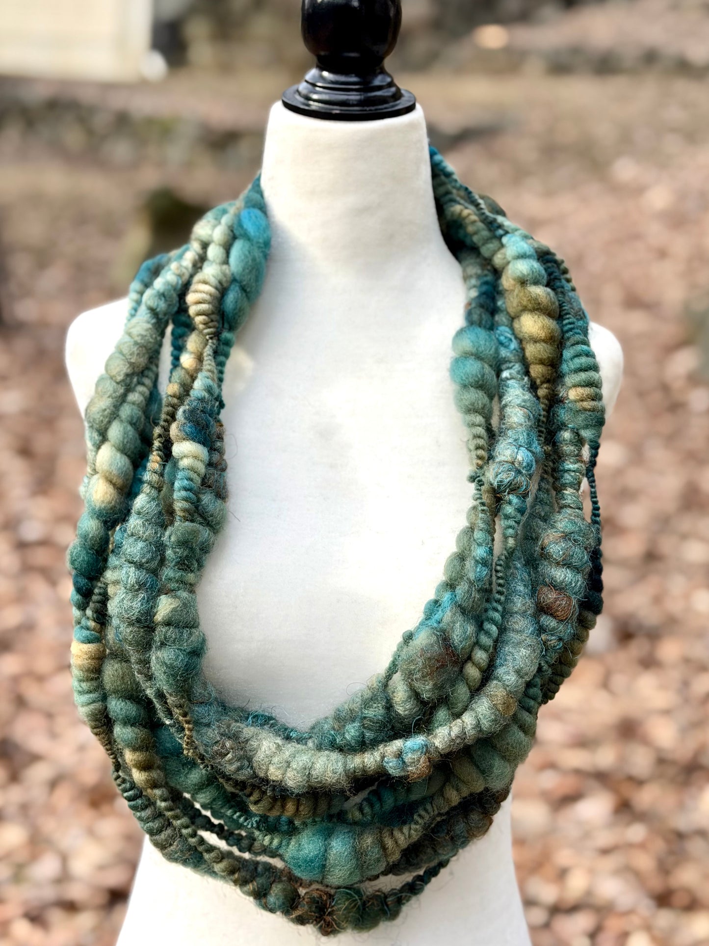 Spruce & Brown Coiled Art Yarn – Hand Dyed, Handspun Textured Fiber Art Yarn with Hand Dyed Textured Silks- 4 Yard Increments