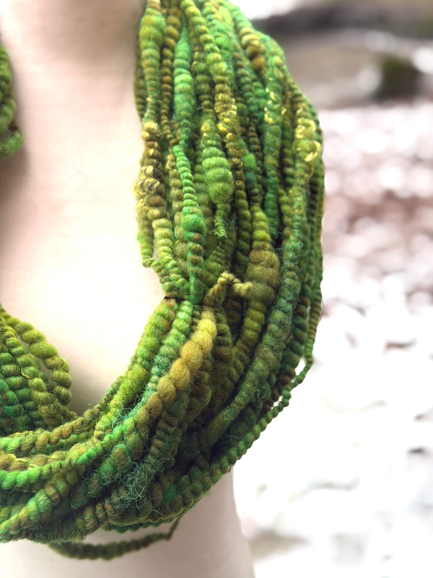 Forest Green Coiled Art Yarn – Hand Dyed, Handspun Textured Fiber Art Yarn with Hand Dyed Textured Silks- 4 Yard Increments