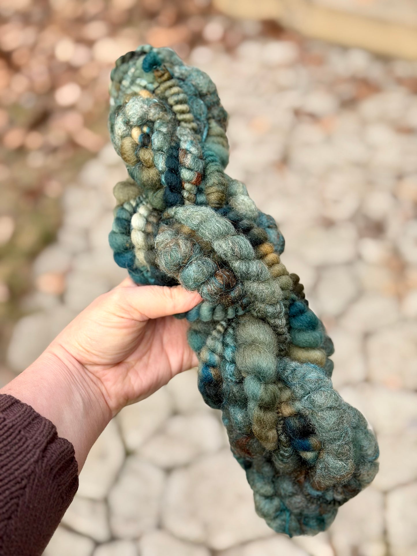 Spruce & Brown Coiled Art Yarn – Hand Dyed, Handspun Textured Fiber Art Yarn with Hand Dyed Textured Silks- 4 Yard Increments