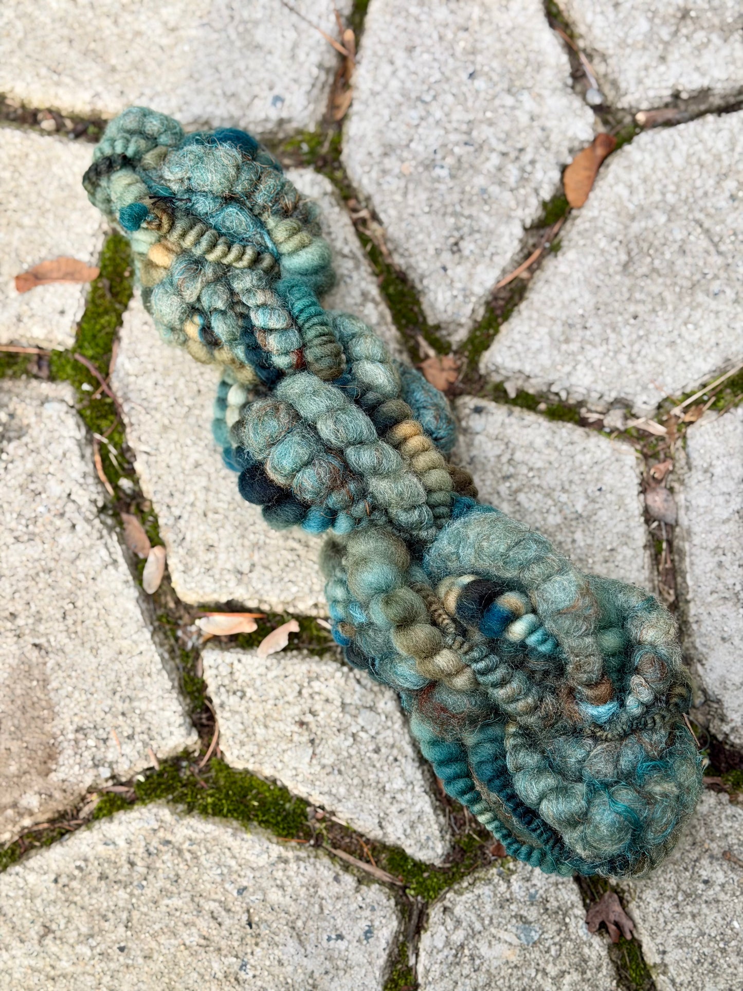 Spruce & Brown Coiled Art Yarn – Hand Dyed, Handspun Textured Fiber Art Yarn with Hand Dyed Textured Silks- 4 Yard Increments