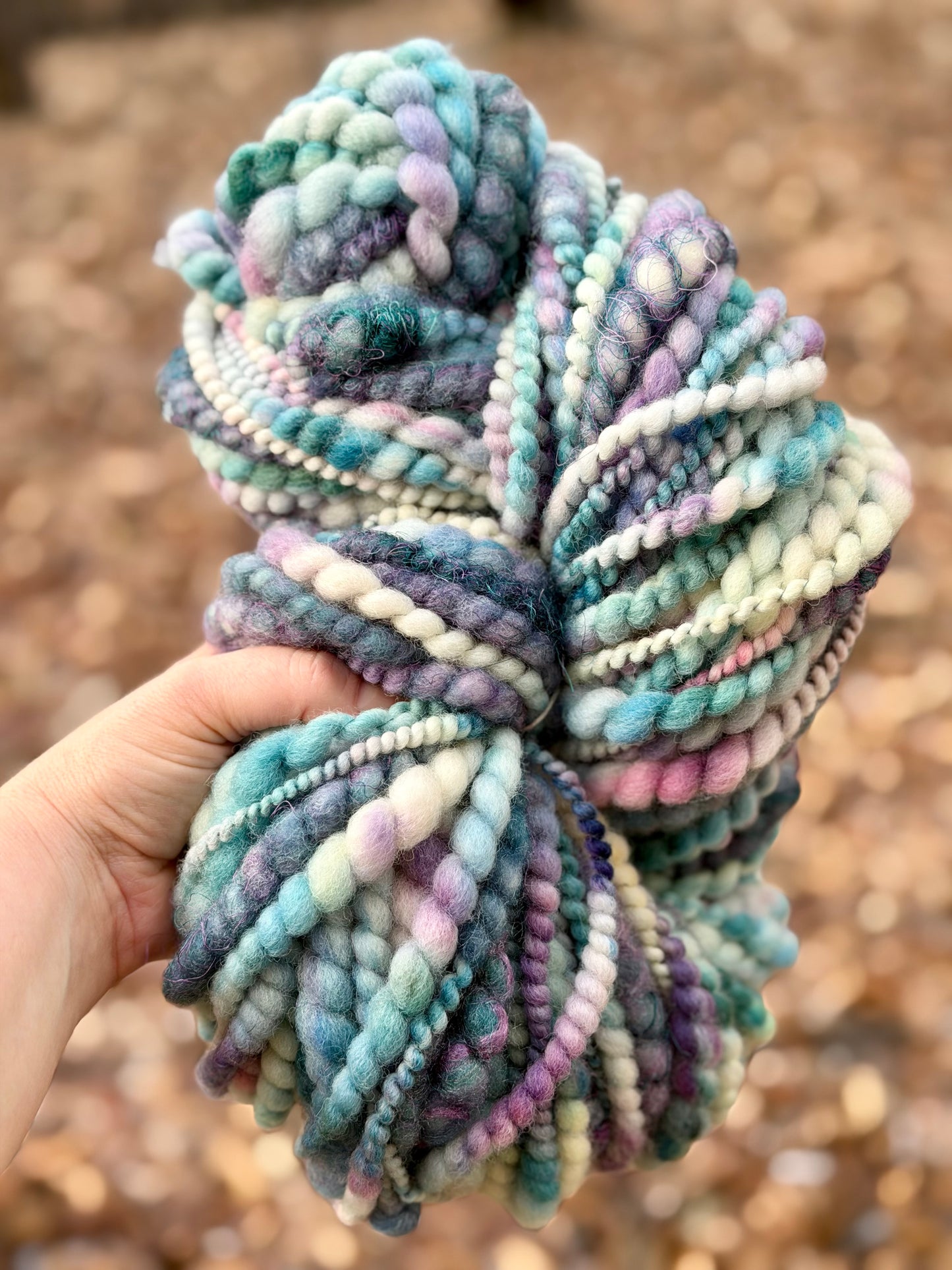 Spring Mist Coiled Art Yarn – Hand Dyed, Handspun Textured Fiber Art - 4 Yard Increments