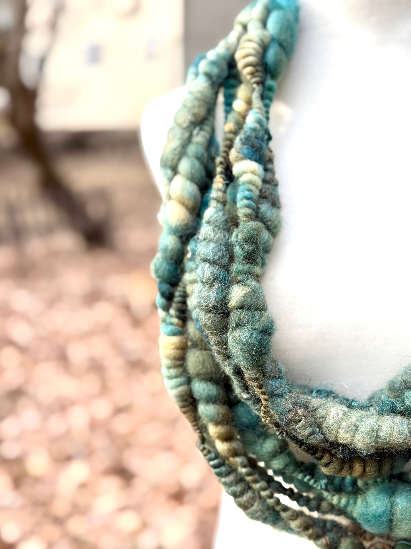 Spruce & Brown Coiled Art Yarn – Hand Dyed, Handspun Textured Fiber Art Yarn with Hand Dyed Textured Silks- 4 Yard Increments