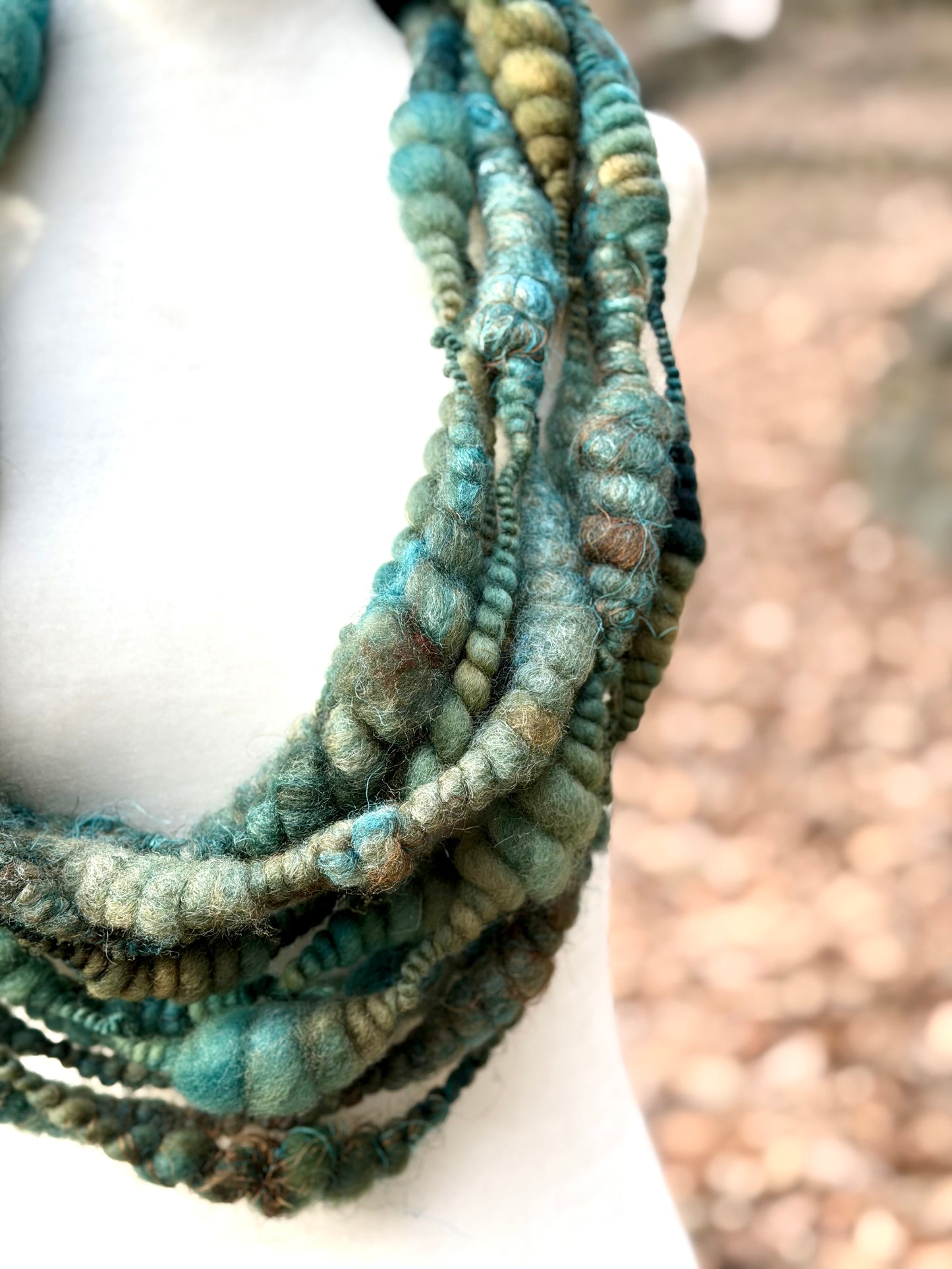 Spruce & Brown Coiled Art Yarn – Hand Dyed, Handspun Textured Fiber Art Yarn with Hand Dyed Textured Silks- 4 Yard Increments