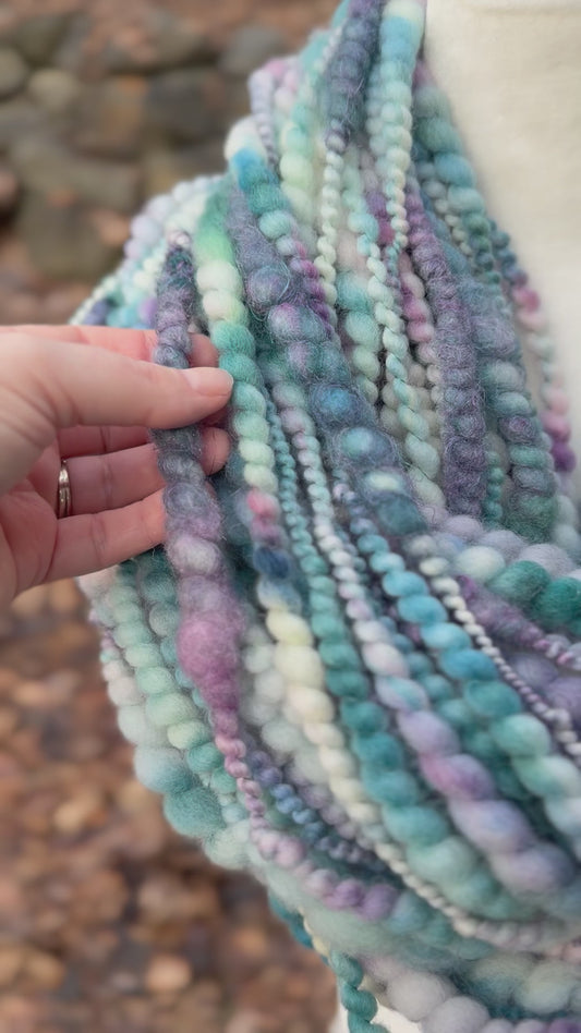 Spring Mist Coiled Art Yarn – Hand Dyed, Handspun Textured Fiber Art - 4 Yard Increments